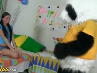 Today this pretty teenager turned 18 and fucks her Panda mov